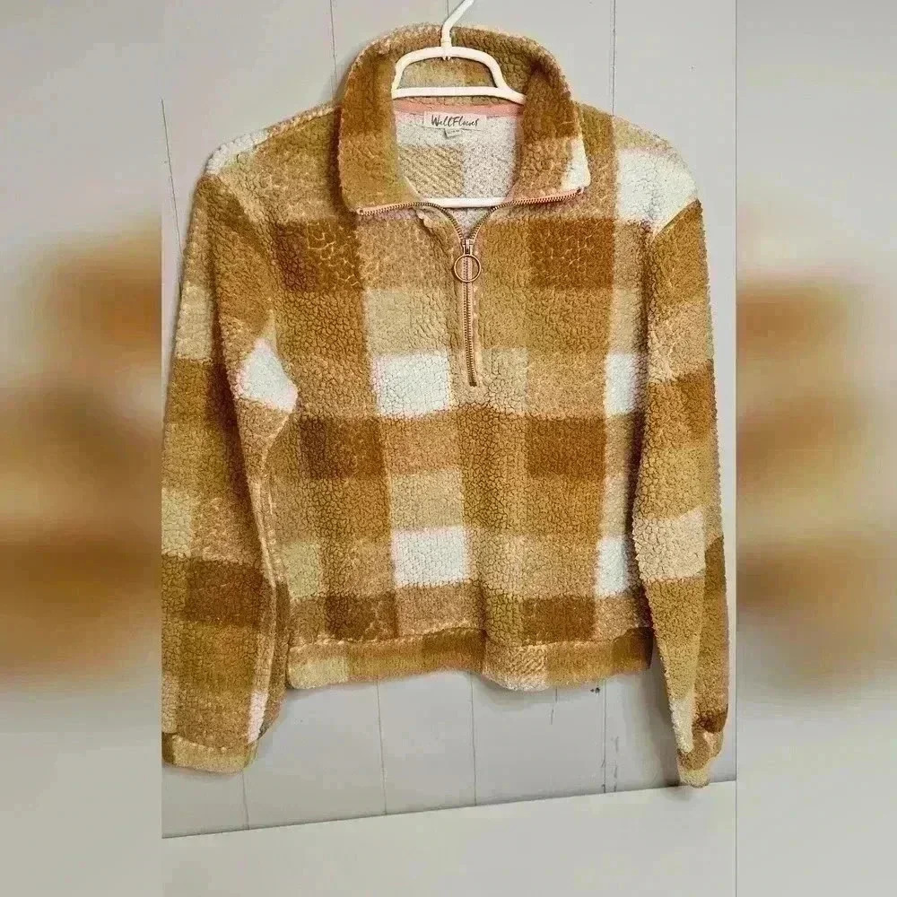 Wallflower Brown and White Checked Zipped Fleece Pullover, size medium